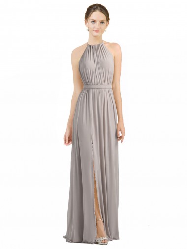 Cheap Backless Halter Chiffon Bridesmaid Dress with Front Slit and Tie Open Back