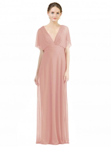 Cheap Draped Short Sleeves Long Chiffon A-Line Bridesmaid Dress