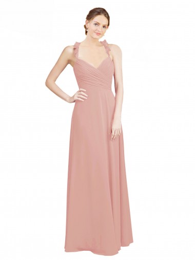 Cheap Ruched Sweetheart Halter Neckline Chiffon Bridesmaid Dress with Tie Open Back