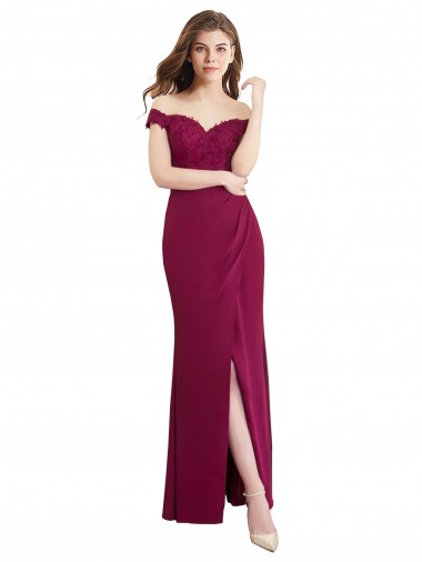 Cheap Off the Shoulder Chiffon Bridesmaid Dress with Lace Appliques and Front Slit