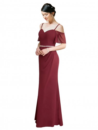 Cheap Draped Cold Shoulder Long Chiffon Bridesmaid Dress with Spaghetti Straps