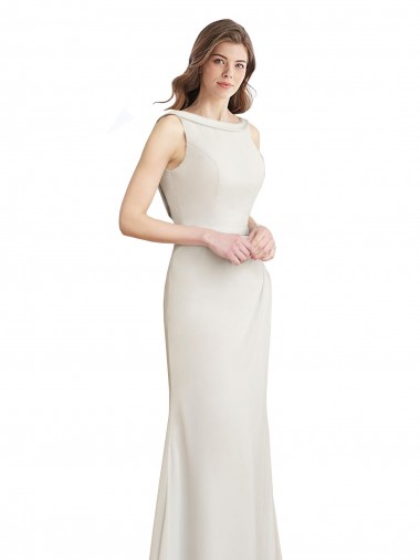 Cheap Long Chiffon Bridesmaid Dress with Boat Neckline and Satin Collar