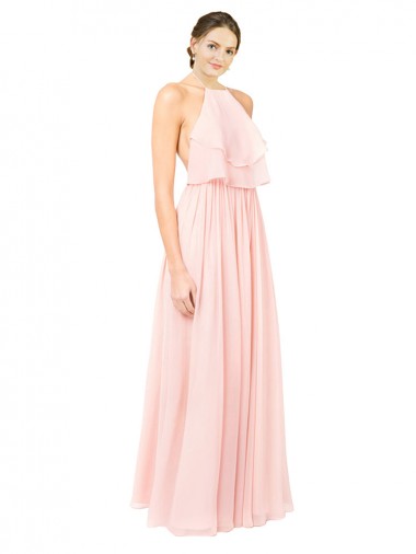 Cheap Halter Neck Chiffon Bridesmaid Dress with Double Ruffle Front
