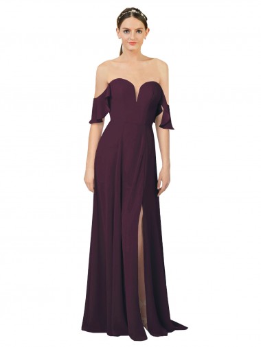 Cheap Romantic Off-Shoulder Chiffon Bridesmaid Dress with Plunging V-Neck