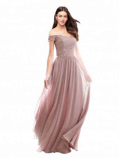 Cheap Floor Length Chantilly Lace Off the Shoulder Chiffon Bridesmaid Dress