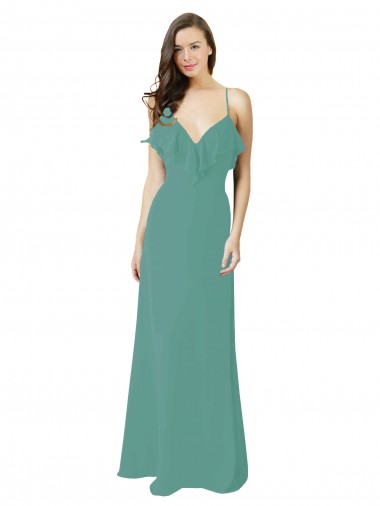 Cheap Full Length Chiffon Bridesmaid Dress with Ruffled V-Neckline