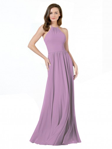 Cheap High Halter Chiffon Bridesmaid Dress with Ruffle Details Back