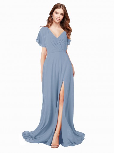Cheap Chiffon Bridesmaid Dress with Flutter Sleeves and Front Slit