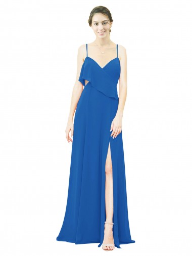 Cheap Spaghetti Strap Chiffon Bridesmaids Dress with Asymmetrical Ruffle and Front Slit