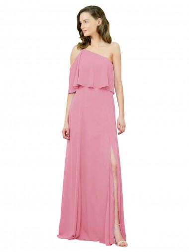 Cheap Sleeved One Shoulder Chiffon Bridesmaids Dress with Draped Ruffle Overlay