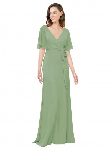 Cheap Chiffon V-Neckline Wrap Bridesmaids Dress With Double Flutter Sleeve