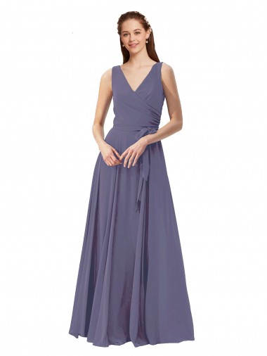 Cheap V-Neck Long Draped A-Line Chiffon Bridesmaid Dress