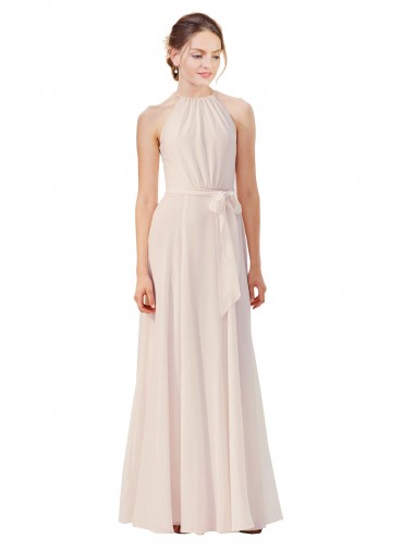 Cheap Tie Neck Long Chiffon A-Line Bridesmaid Dress with Sheer Back