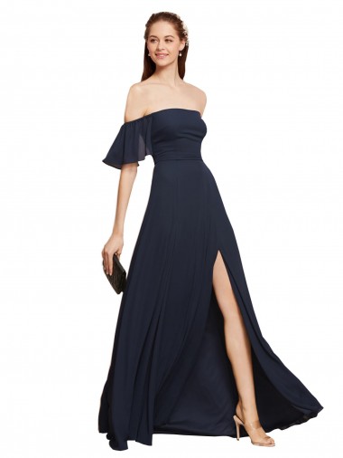 Cheap Off the Shoulder Floaty Sleeves Chiffon Bridesmaid Dress with High Slit