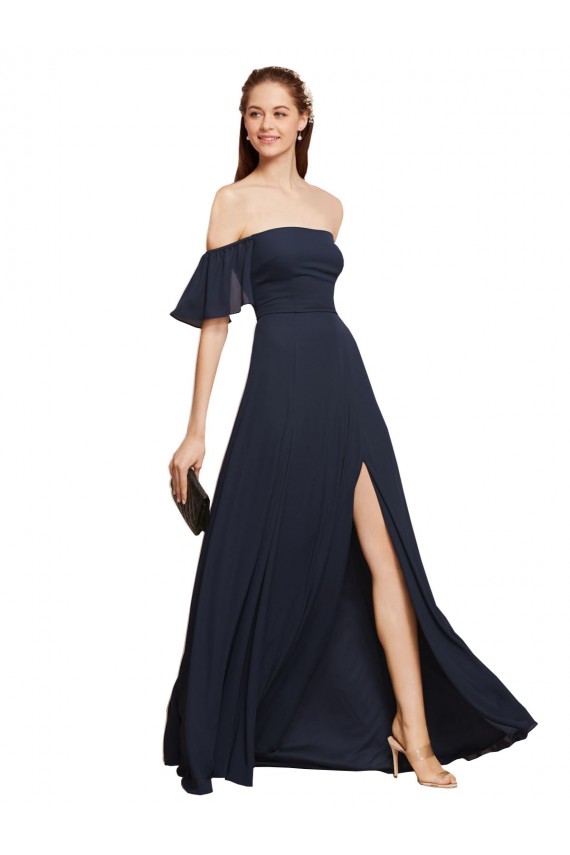 Off the Shoulder Floaty Sleeves Chiffon Bridesmaid Dress with High Slit