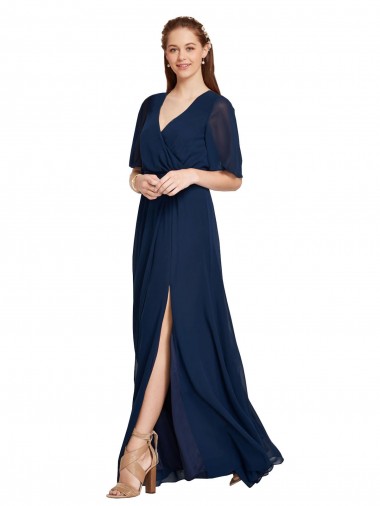 Cheap V-Neck Plush Chiffon Bridesmaid Dress with Flutter Sleeves