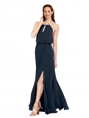 Cheap Grecian Style Halter Chiffon Bridesmaid Dress with Keyhole and Slit