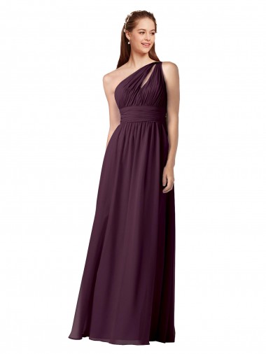 Cheap One Shoulder Chiffon Bridesmaid Dress with Front Keyhole and Shirred Bodice