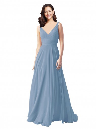Cheap Long Chiffon V-Neck and Self Sash Bridesmaid Dress with Shirred Criss Cross Bodice