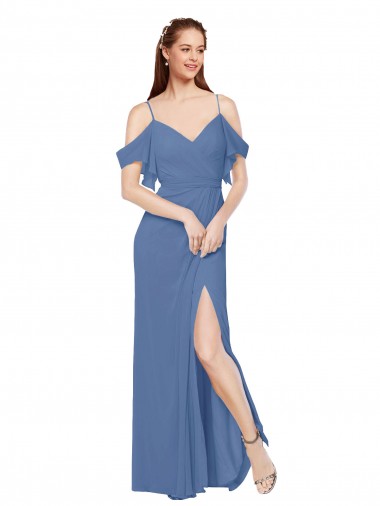Cheap Mock-Wrap Off the Shoulder Long Chiffon Bridesmaid Dress with Side Slit