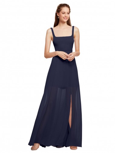 Cheap Squre Necked Long Chiffon Bridesmaid Dress with Front Slit