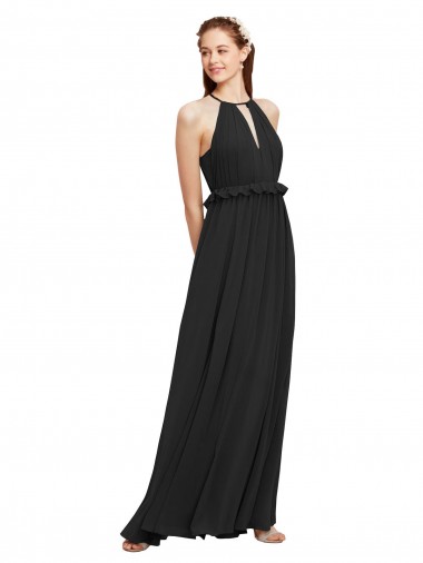 Cheap Halter Neck Front Keyhole Chiffon Bridesmaid Dress with Shirred Waist