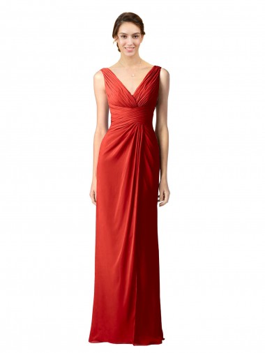 Cheap Shirred Long Floor Length Chiffon Bridesmaid Dress with V-Back
