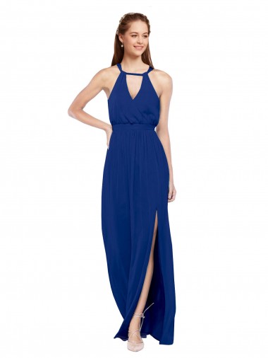 Cheap High Keyhole Neck Long Chiffon Bridesmaid Dress with Slit