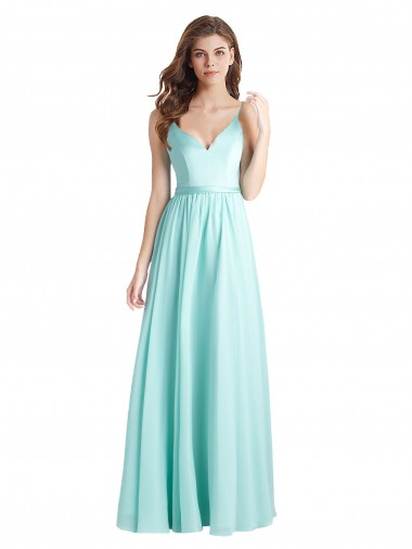 Cheap Long V-Neck Chiffon Bridesmaid Dress with Satin Bodice