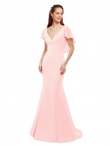 Cheap Fit and Flare Chiffon Bridesmaid Dress with V-Neck and Flutter Sleeves