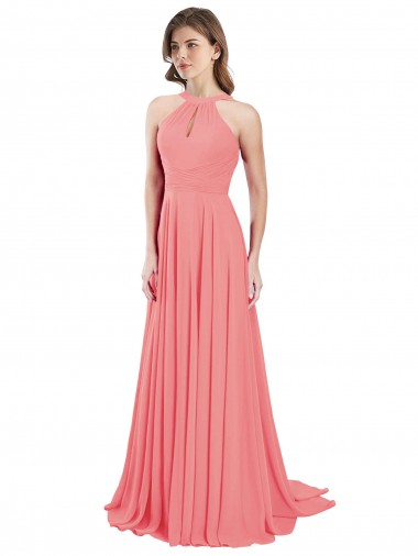 Cheap Draped A-Line Chiffon Bridesmaid Dress with Halter Keyhole Neckline