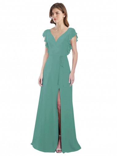 Cheap Full Length Chiffon Bridesmaid Dress with Ruffled Cap Sleeves and Side Slit