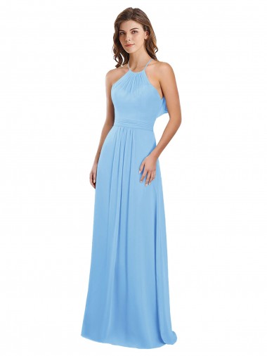Cheap Chiffon A-Line Bridesmaid Dress with Halter Neck and Ruffled Back Straps