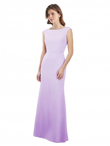 Cheap Chiffon Column Bridesmaid Dress with High Round Neckline and Cap Sleeves
