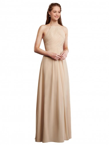 Cheap Draped Halter Neck Long Chiffon Bridesmaid Dress with Tie Back