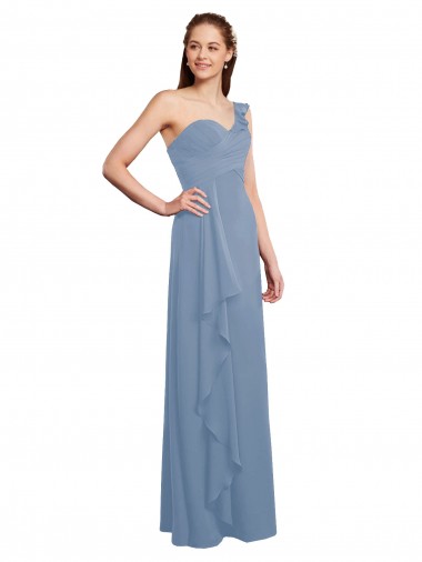 Cheap Single Shoulder Strap Long Chiffon Bridesmaid Dress with Cascading Ruffles