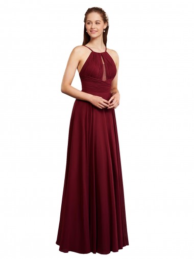 Cheap Long A-Line Halter Neck Chiffon Bridesmaid Dress with Draped Bodice
