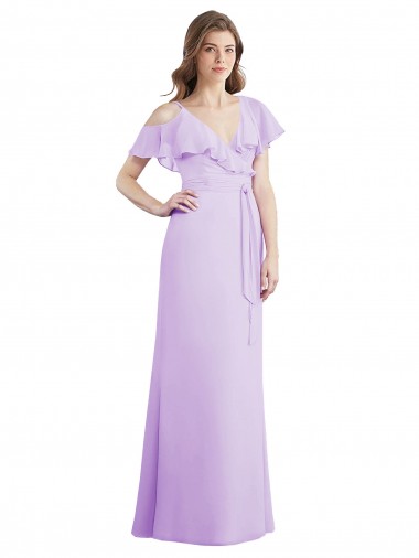 Cheap Ruffled Neckline Cold Shoulder Long Chiffon Bridesmaid Dress