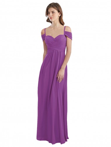 Cheap Cold Shoulder Long Chiffon Bridesmaid Dress with Ruching Details