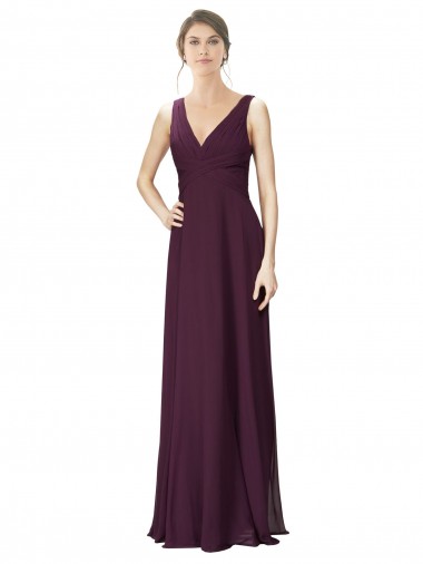 Cheap Long Chiffon Bridesmaid Dress with Ruched Criss Cross V-Neck Bodice