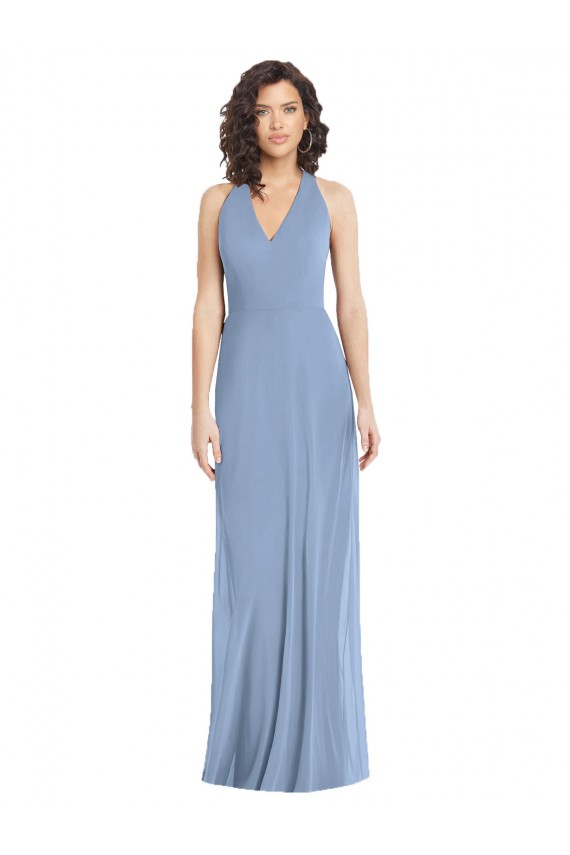 V-Neck Halter Back Straps Chiffon Bridesmaid Dress
