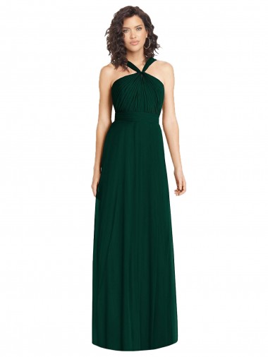 Cheap Draped Halter Neck Long Chiffon Bridesmaid Dress with Low Back