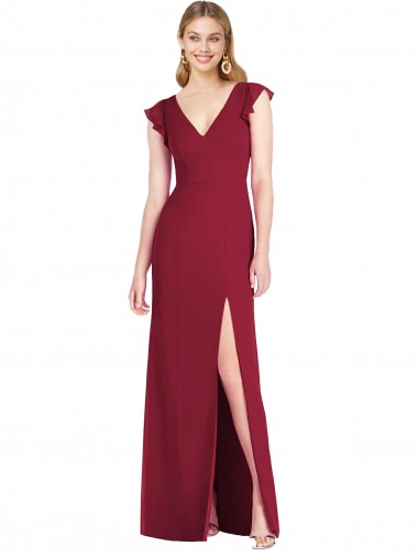 Cheap Ruffled Sleeves Mermaid Chiffon Bridesmaid Dress with Front Slit
