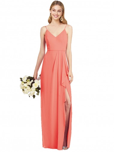 Cheap Spaghetti Strap Draped Skirt Chiffon Bridesmaid Dress with Front Slit