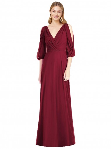 Cheap Draped V-Neck Bell Sleeves V-Back Chiffon Bridesmaid Dress