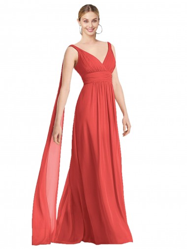 Cheap Full-Length V-Neck Chiffon Bridesmaid Dress Streamers Back