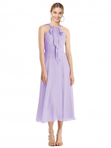 Cheap Midi Length Halter Plunging V-Back Chiffon Bridesmaid Dress