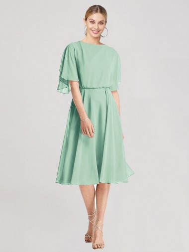 Cheap Open Back Flutter Sleeves Cocktail Length Chiffon Bridesmaid Dress
