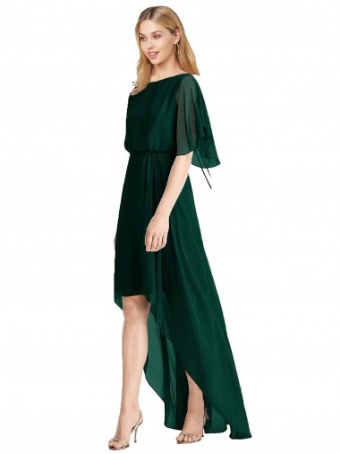 Cheap Plunging V Back Flutter Sleeves Cocktail Length Chiffon Bridesmaid Dress