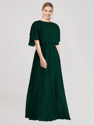 Cheap Full-Length Flutter Sleeves Plunging V Back Chiffon Bridesmaid Dress